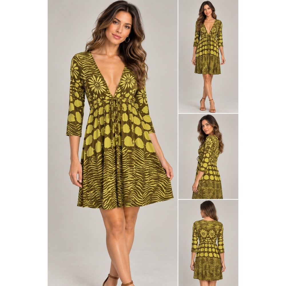 VTG Fumblin Foe Womens Deep V-Neck Dress Large Yellow Floral Tie Waist BOHO Y2K